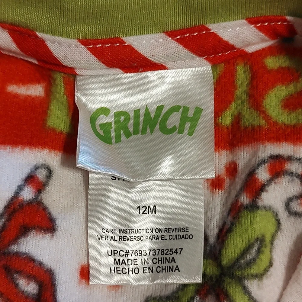 🎄Grinch Toddler Long Sleeve Fleece Christmas Zip-Up Footie Pajamas Size 12 Mos